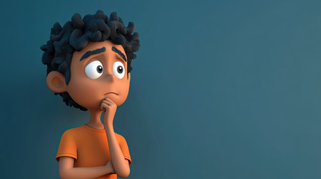 A 3D Indian cartoon character lost in thought, space for copy in the background.の素材
