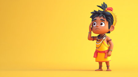 A 3D Indian cartoon character lost in thought, holding their head, with ample copy space.の素材