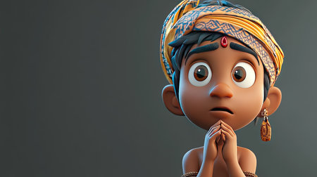 A 3D Indian cartoon character lost in thought, space for copy in the background.の素材