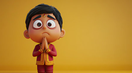 A 3D Indian cartoon character looking sorry, head bowed, ample space for copy around.の素材