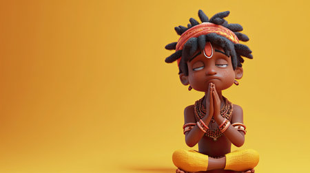 A 3D Indian character showing regret, hands clasped, with space for copy in the background.の素材