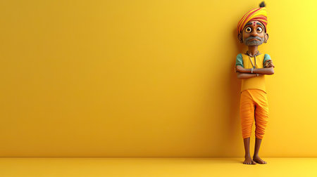 A bored 3D Indian character leaning against a wall, with ample room for text in the background.の素材