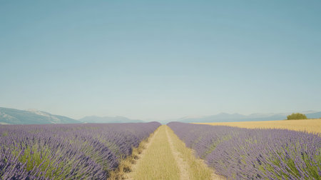 A serene lavender field in France stretching toward the horizon, with room for text in the clear sky.の素材