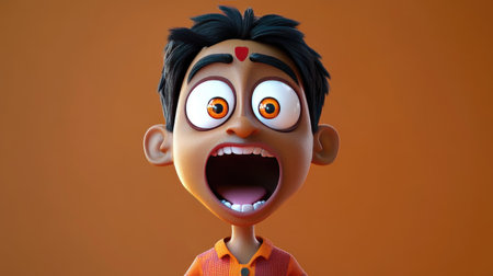 A 3D Indian cartoon character showing excitement with wide eyes and open mouth, room for text in the background.の素材