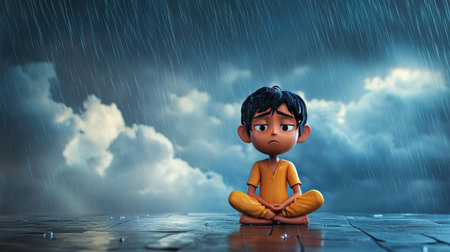 A sad 3D Indian cartoon character sitting under rain clouds, ample copy space around.の素材