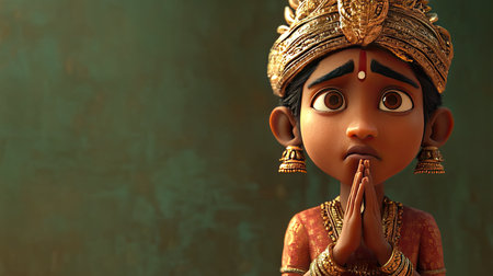 A 3D Indian character showing regret, hands clasped, with space for copy in the background.の素材