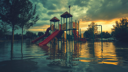 A submerged playground under floodwaters, room for text in the sky.の素材