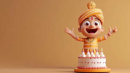 A happy 3D Indian cartoon character celebrating with a cake, space for copy around.の素材