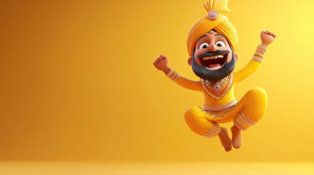 A cheerful 3D Indian cartoon character jumping in joy, with ample space for text.の素材