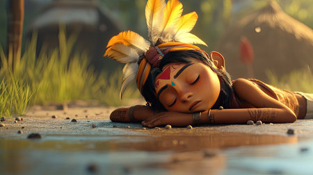 A bored 3D Indian character lying on the ground, with ample room for text in the background.の素材
