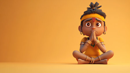 A 3D Indian character sitting down with a sad face, looking at the ground, copy space around them.の素材