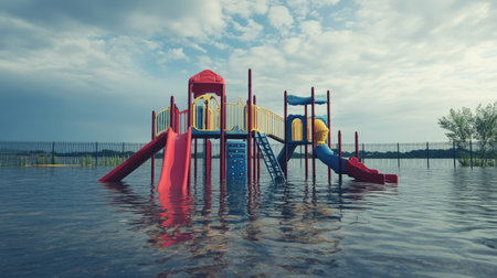 A submerged playground under floodwaters, room for text in the sky.の素材