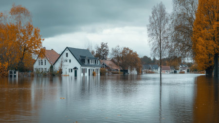 A residential area submerged in floodwater, with empty roads and space for copy in the background.の素材