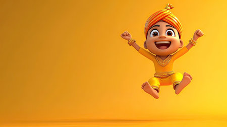A joyful 3D Indian cartoon character jumping in excitement, ample space for text in the background.の素材