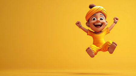 A cheerful 3D Indian cartoon character jumping in joy, with ample space for text.の素材