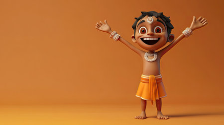 A 3D Indian character with a joyful expression, arms raised in celebration, with room for text above.の素材