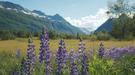 Beautiful fields of lupines in Norway with mountains in the background, ample space for copy.の素材