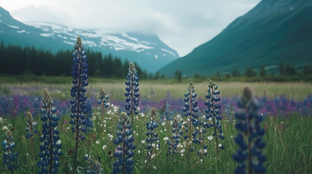 Beautiful fields of lupines in Norway with mountains in the background, ample space for copy.の素材