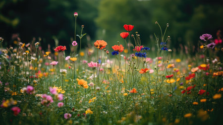 Colorful meadow of wildflowers in the Austrian countryside, with room for copy in the sky.の素材