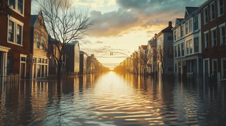 Flooded street with water rising up to the sidewalks, ample space for text in the sky.の素材
