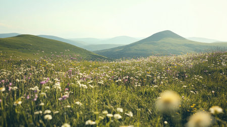 Rolling hills of wildflowers in Ireland under a bright, clear sky, with ample space for copy.の素材