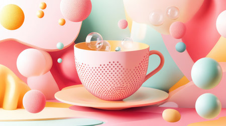 3D bubble tea cup in a whimsical, abstract scenery with floating spheres and geometric patterns. Copy space availableの素材