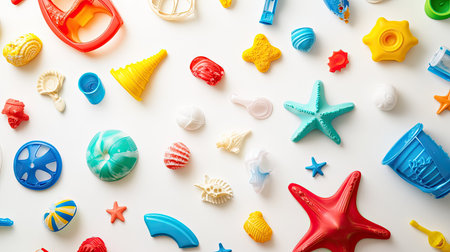 Bright and colorful beach toys scattered on a white background, ample space for copy.の素材