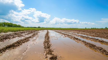 Flooded agricultural fields, with muddy water everywhere and ample copy space in the sky.の素材