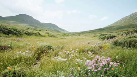 Rolling hills of wildflowers in Ireland under a bright, clear sky, with ample space for copy.の素材