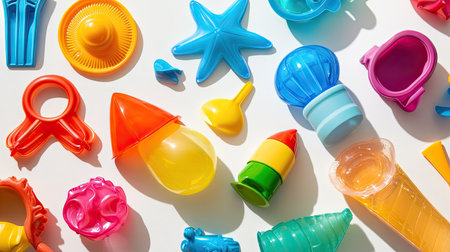 Vibrant beach toys for kids laid out on a white surface, with plenty of room for copy.の素材