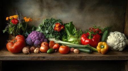 A rustic display of farm-fresh vegetables with room for branding or textの素材