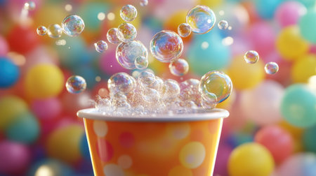 Abstract 3D bubbles rising from a bubble tea cup against a colorful, playful background. Plenty of room for your messageの素材