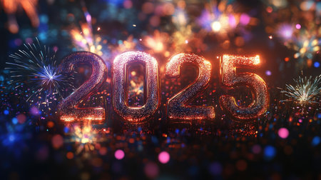 3D metallic "2025" surrounded by fireworks. Plenty of space for your New Year messageの素材