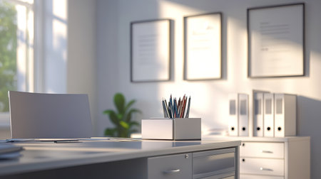 A modern desk and filing cabinet in a bright office environment with space for copyの素材