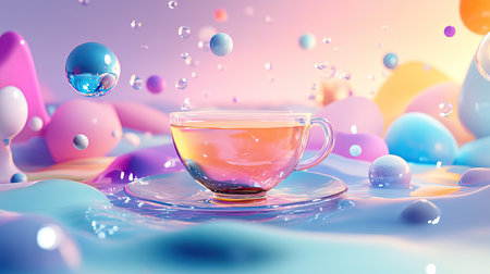 A futuristic 3D bubble tea cup on a surreal abstract landscape with floating shapes and bubbles, perfect for adding textの素材