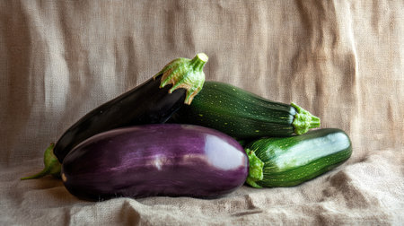 Bright purple eggplant and green zucchini against a neutral backdrop. Space for your messageの素材