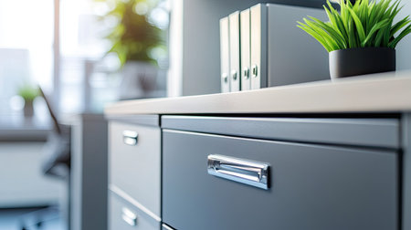 Close-up of a sleek filing cabinet and desk in a modern office setting, with ample copy spaceの素材