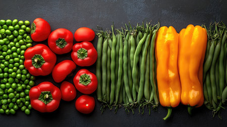 Bright green beans, peas, and bell peppers arranged beautifully with copy space availableの素材