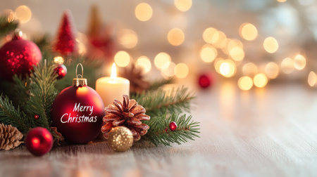 Classic "Merry Christmas" banner with holiday decorations and ample room for copy spaceの素材