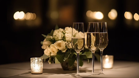 Champagne flutes and a sophisticated floral centerpiece on a dimly lit table, perfect for adding copyの素材