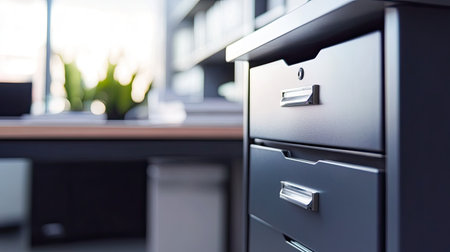 Close-up of a sleek filing cabinet and desk in a modern office setting, with ample copy spaceの素材