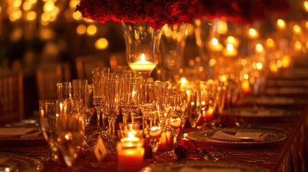 Candlelit evening party table with ornate decor, offering clear copy space for your message or brandingの素材