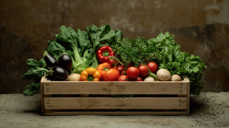 Fresh vegetables in a wooden crate with lots of space for branding or textの素材