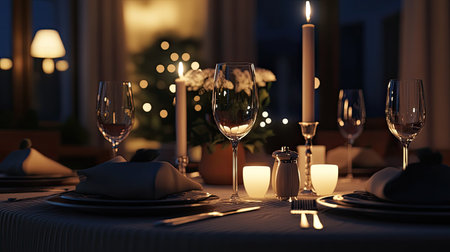 Elegant dinner table under soft evening lighting, perfect for a party atmosphere, with room for your message or brandingの素材