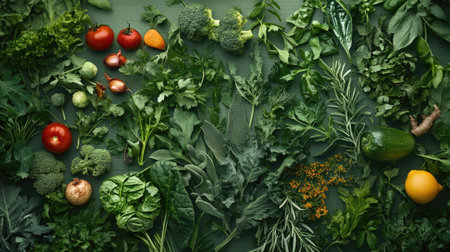 Bright veggies and herbs neatly arranged with plenty of room for branding or textの素材