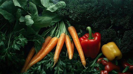 Carrots, peppers, and leafy greens beautifully arranged with space for copyの素材