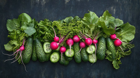 Fresh cucumbers, leafy greens, and radishes displayed neatly with room for your messageの素材