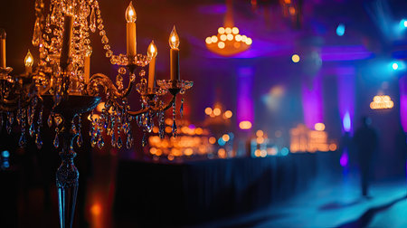 Elegant evening party setup with dim lighting, crystal chandeliers, and lavish decorations. Ample space for textの素材