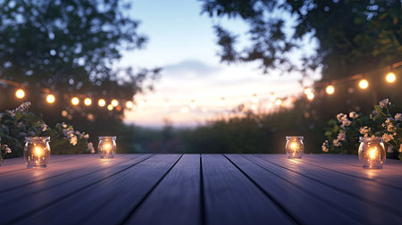 Elegant outdoor evening party with string lights and an empty banquet table, offering ample space for textの素材