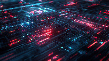 High-tech digital interface with glowing data streams, ideal for AI technology themes. Copy space availableの素材